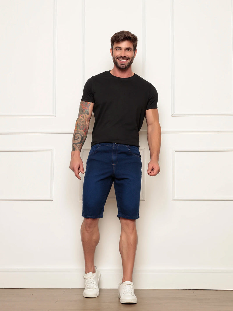 Bermuda Jeans Masculina Básica Lavagem Escura  Tendência Casual