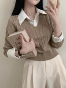 Suéter Feminino Gola V com Efeito 2 em 1 – Estilo Criativo e Conforto para o Inverno