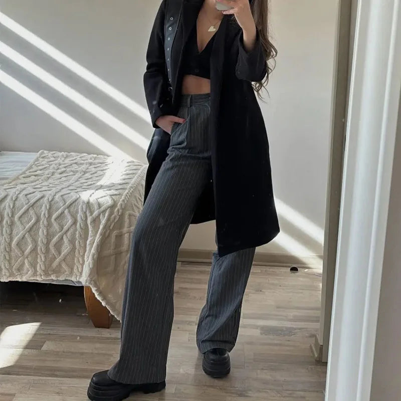 CALÇA SOCIAL FEMININA WIDE LEG LISTRADA