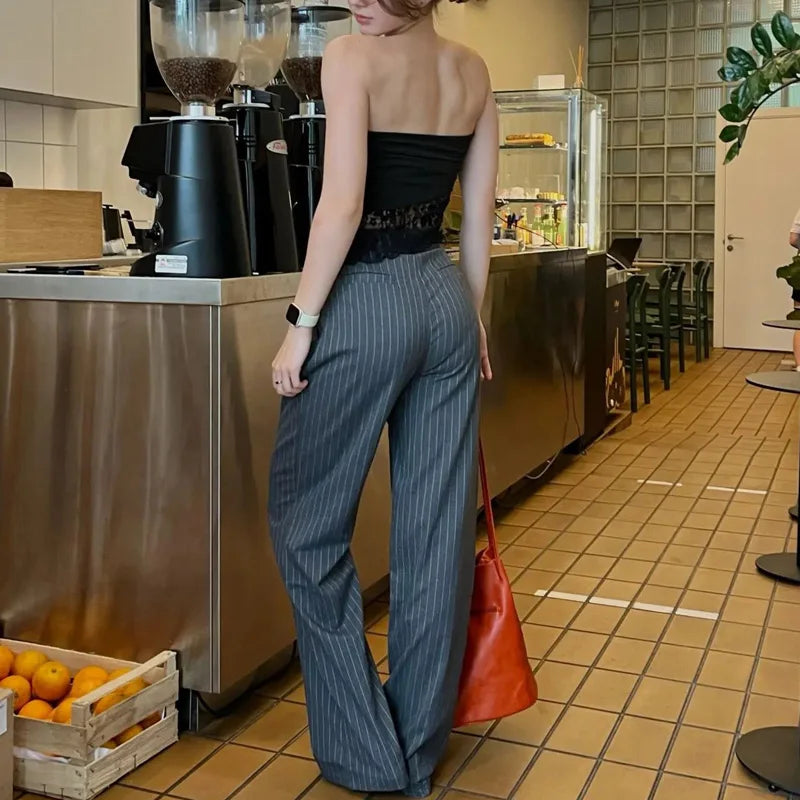 CALÇA SOCIAL FEMININA WIDE LEG LISTRADA