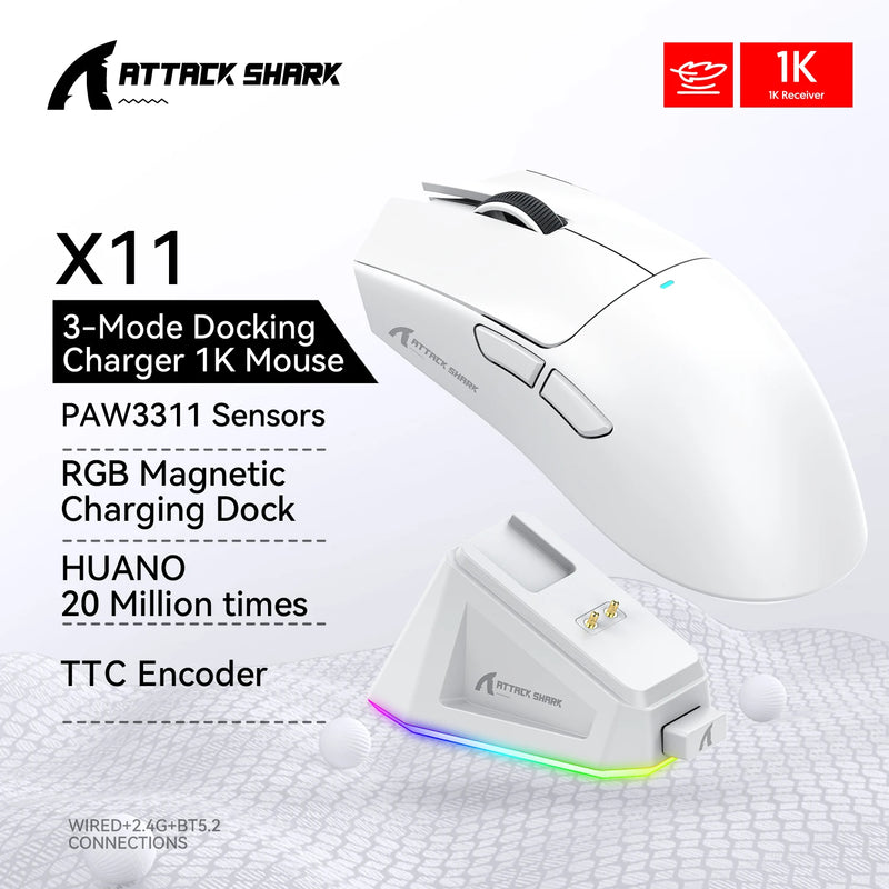 🎮 Mouse Gamer Attack Shark X11 – Wireless 3 em 1, 22000DPI, RGB, Super Leve com Base de Recarga! ⚡🔥
