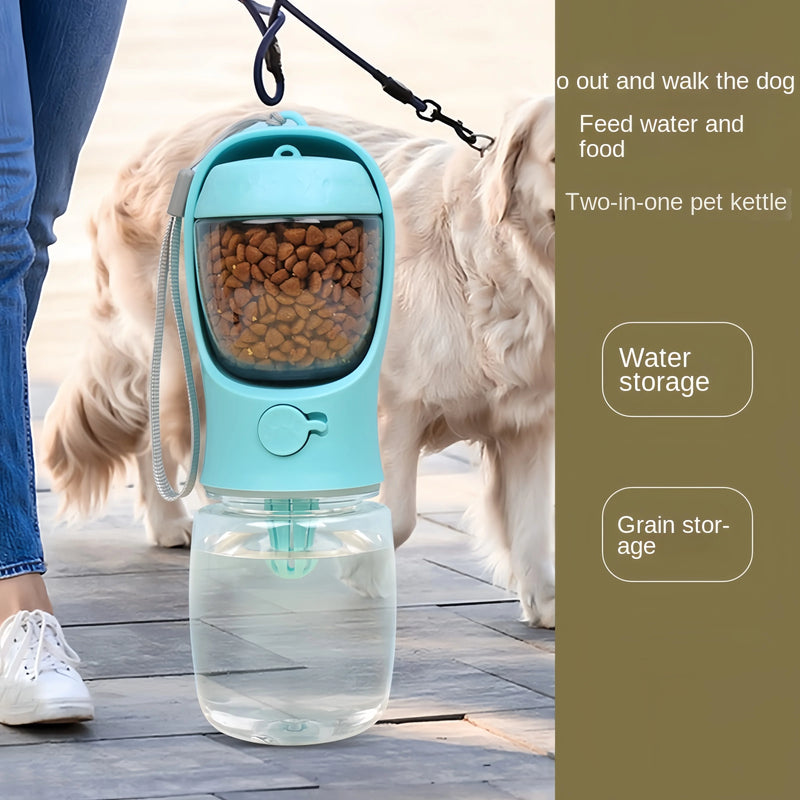 Garrafa Portátil 2 em 1 para Pets – Água e Ração em um Só Lugar | Ideal para Passeios e Viagens!