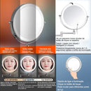 ESPELHO DE MAQUIAGEM DE PAREDE LED DOBRÁVEL – LUZ TRICOLOR E AMPLIAÇÃO